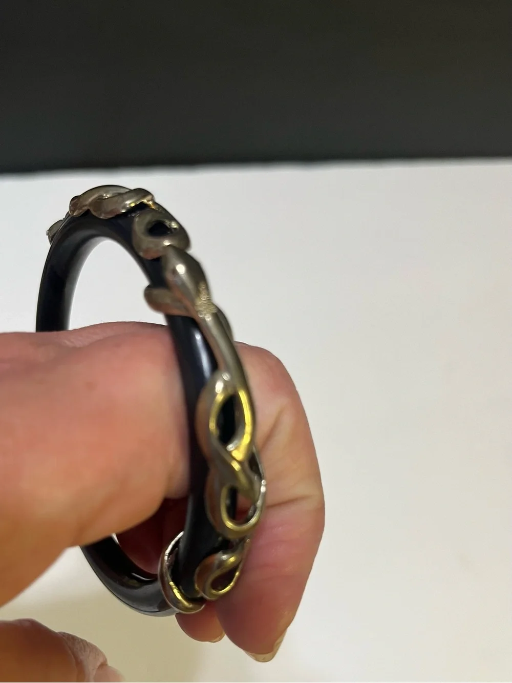 Black Bangle Bracelet with Silver Chain Accent